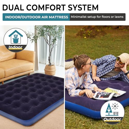 FUNDANGO Queen Camping Cot, 2 Person Folding Airbed Mattress, Double Camp Bed with 2 Cup Holders, Removeable Cover for Adults Outdoor Travel