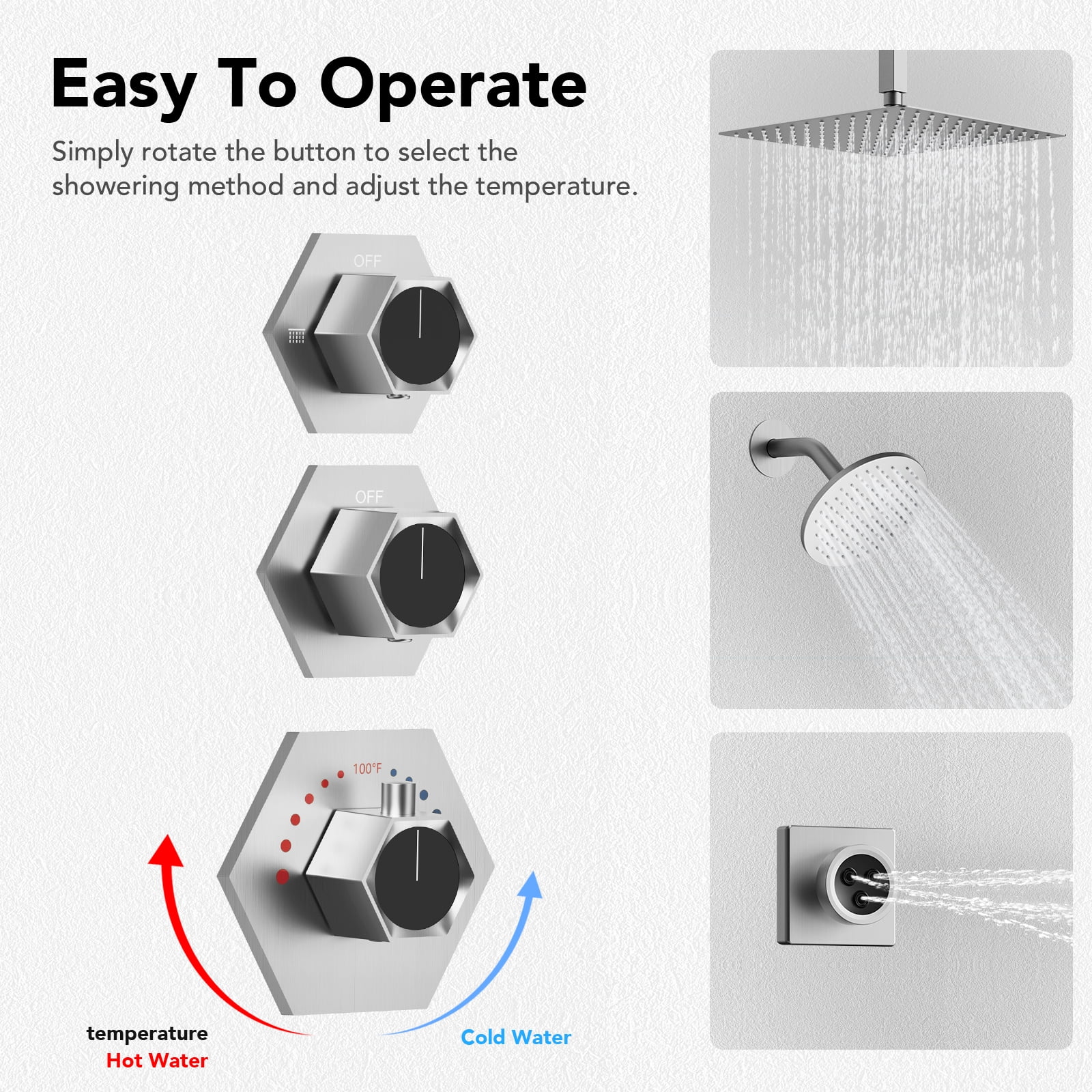 EVERSTEIN Dual Heads Thermostatic Shower Faucet Set 12" Rainfall & High Pressure 6" Fixture Shower System with Rough-in Valve Side Jets Spray Brushed