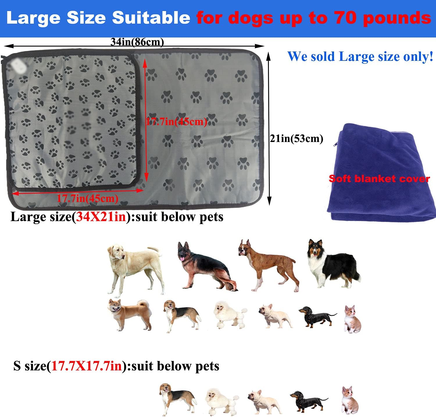 Pet Heating pad Large Heated Dog Bed 34"x21" Cat Heating pad Indoor Electric Dog Heating pad Waterproof Heated Dog House mat Easy Clean