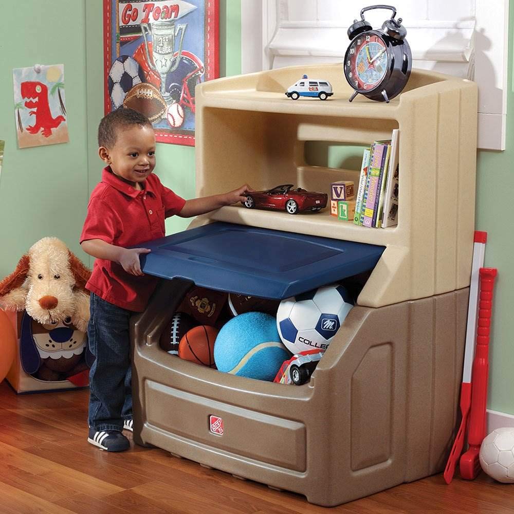 Step2 Lift and Hide Bookcase Storage Chest for Kids - Durable Plastic Toy Box Bookshelf Organizer, Tan/Blue