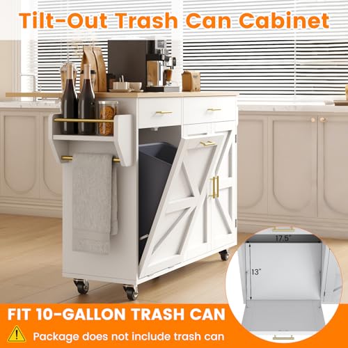 51.8" Kitchen Island Cart with Trash Can Storage, Kitchen Island on Wheels with Power Outlet & Drop Leaf