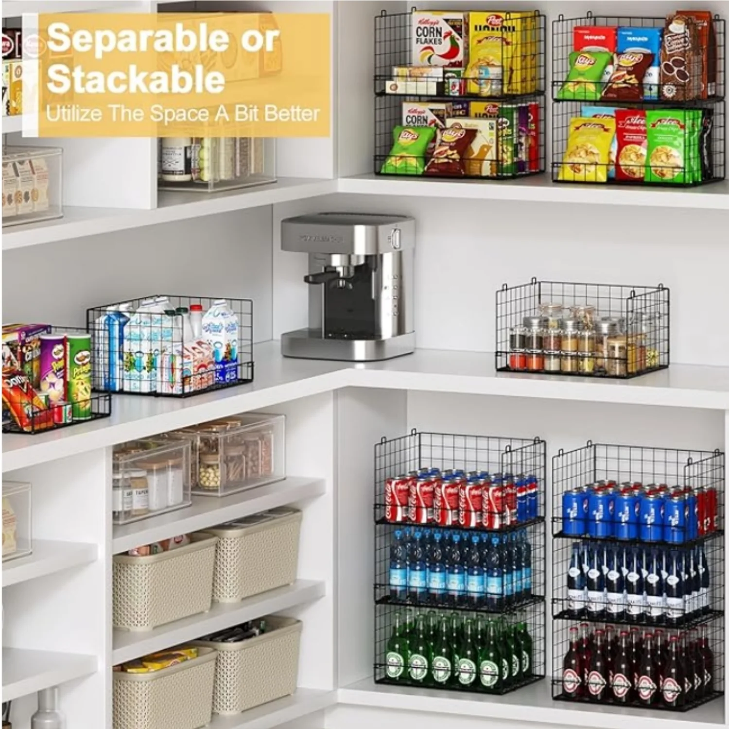4 Pack Stackable Wire Baskets for Pantry Organizers and Storage, Large Pantry Baskets for Snack Organizer