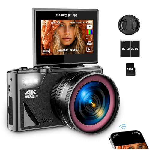 4K Digital Camera for Photography, WiFi UHD Autofocus 64MP Vlogging Camera for YouTube with Super Wide-Angle Lens, 3" 180° Flip Screen