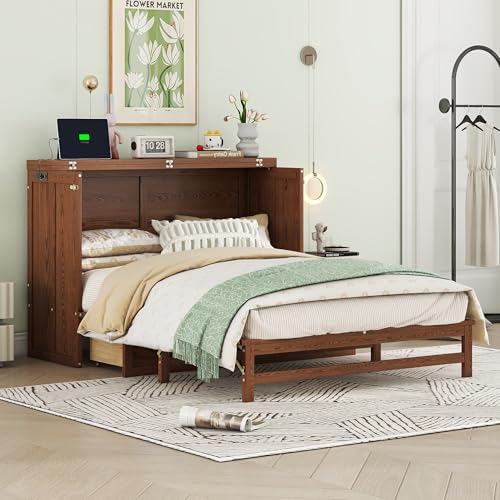 Queen Murphy Bed with Desk and Removable Shelves on Each Side, Murphy Bed Chest Murphy Bed Frame w/USB Port for Home Office, Studio or Guest Room