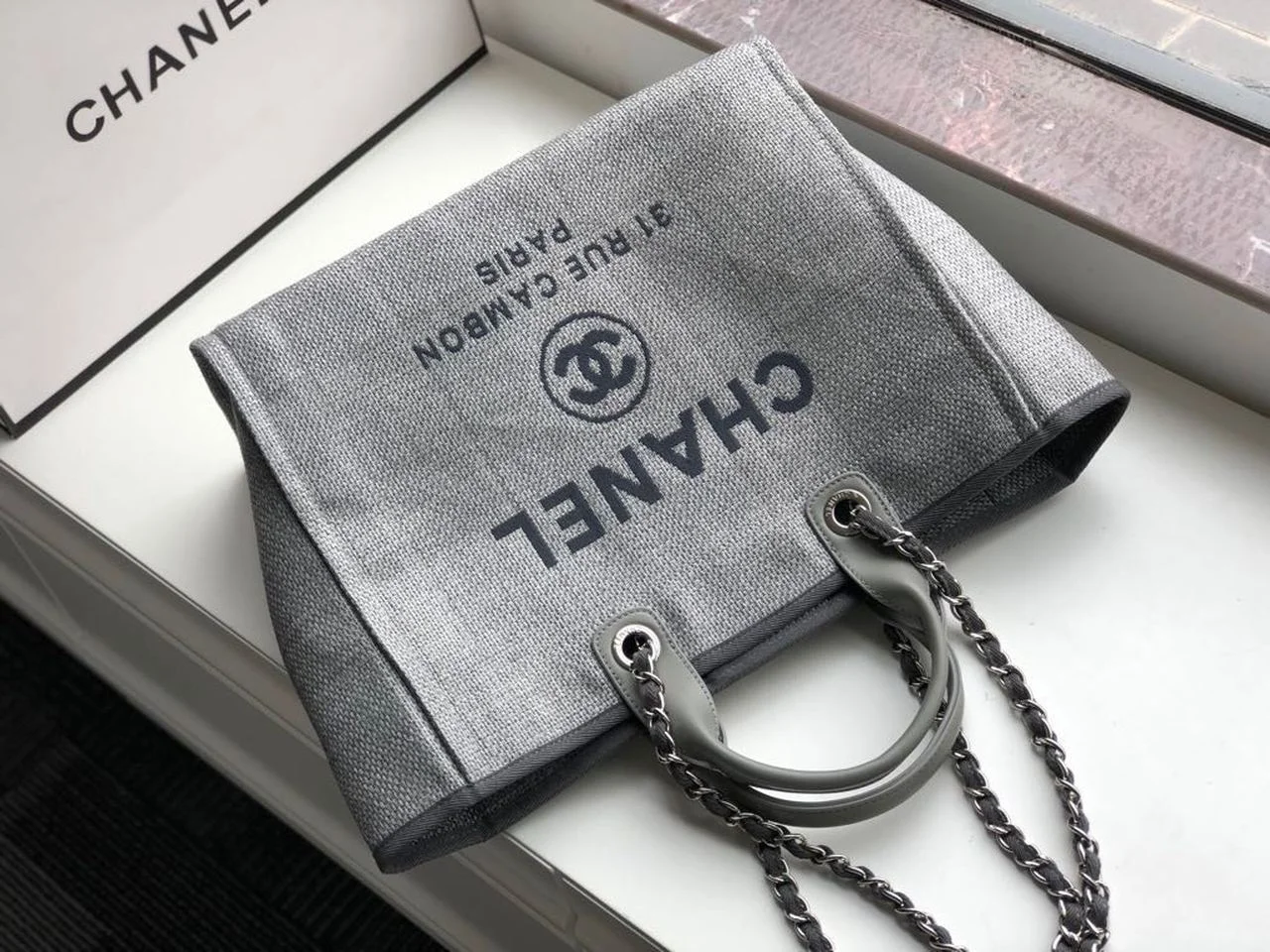 Chanel Small Shopping Bag Silver Hardware Grey For Women, Women&rsquo;s Handbags, Shoulder Bags 15.2in/39cm AS3257
