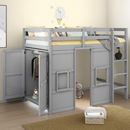 Full Size Loft Bed with L-Shaped Desk, Wardrobe and Storage Shelves, Solid Wood Bedframe w/Safety Guardrails & Ladder for Kids Teens Adults