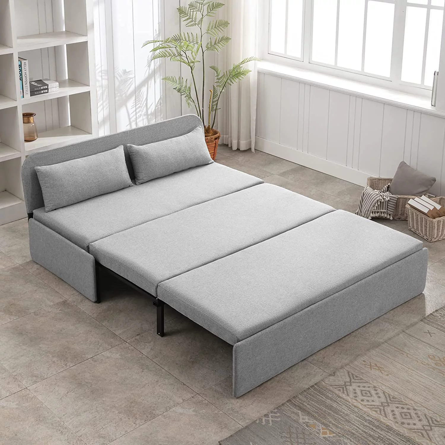 Mjkone Queen Size Convertible Sofa Bed, Modern Pull Out Linen Sleeper Sofa Couch
