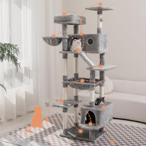73 inches Large Cat Tree for Indoor Cats, Tall Cat Tower with Sisal Scratching Posts and Pads, Padded Plush Perch, Cozy Basket