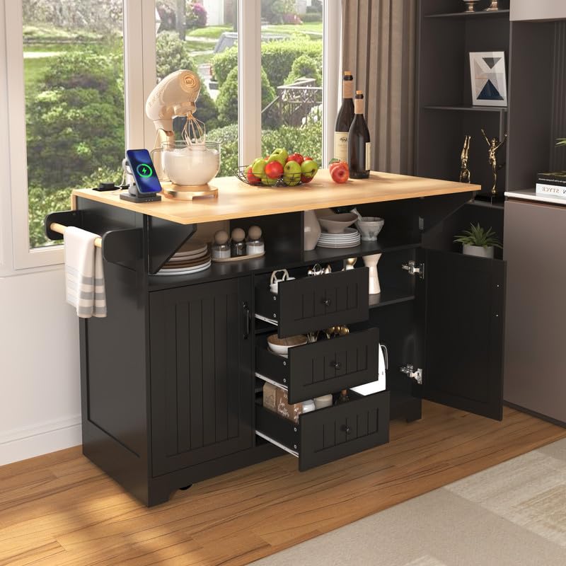 55.7'' Large Kitchen Island with 2 Drop Leaf, Rolling Kitchen Cart on 5 Wheels with Power Outlet