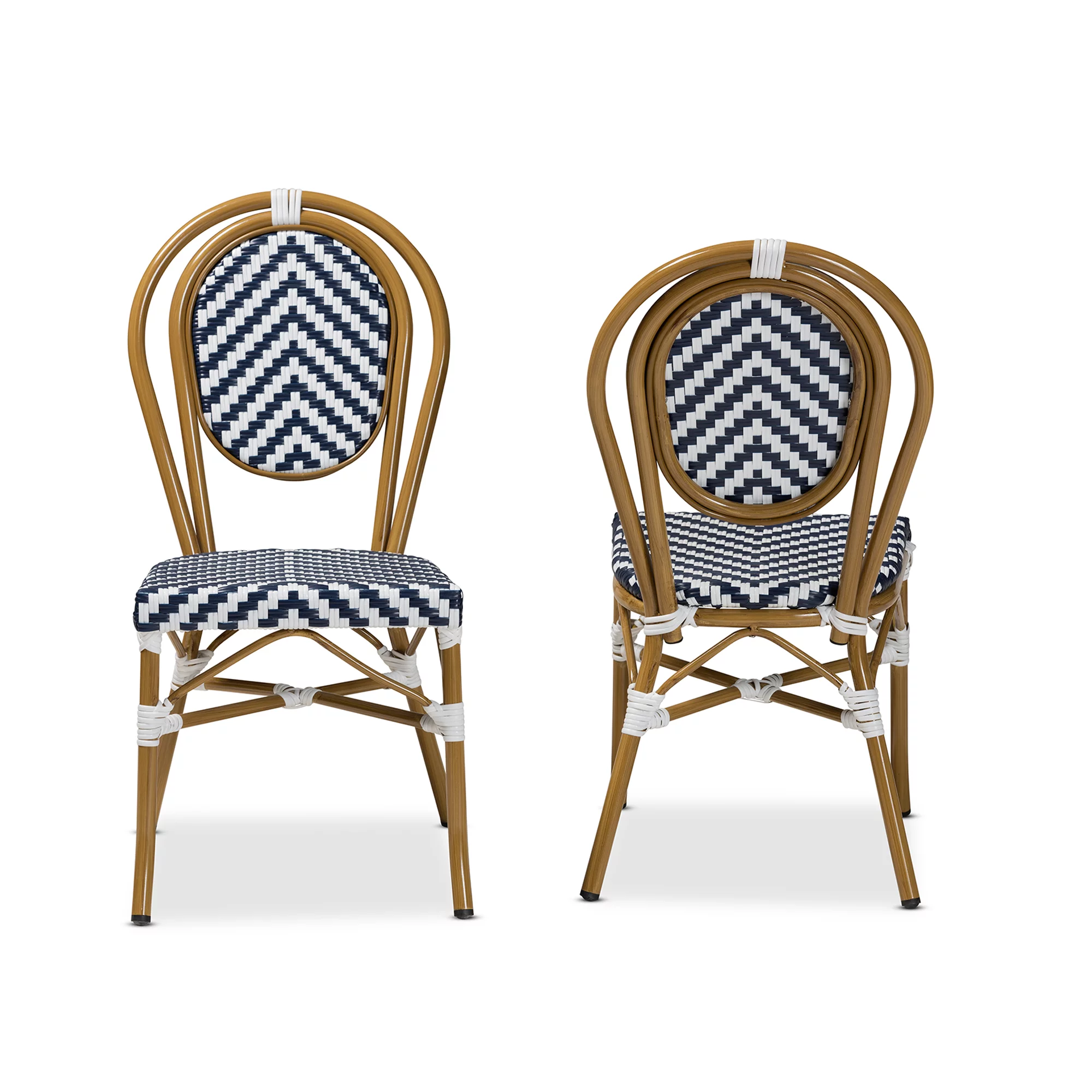 Baxton Studio Alaire Indoor and Outdoor Dining Chair - Wicker - Set of 2 - Stacking - Blue and White - Radiant Selections