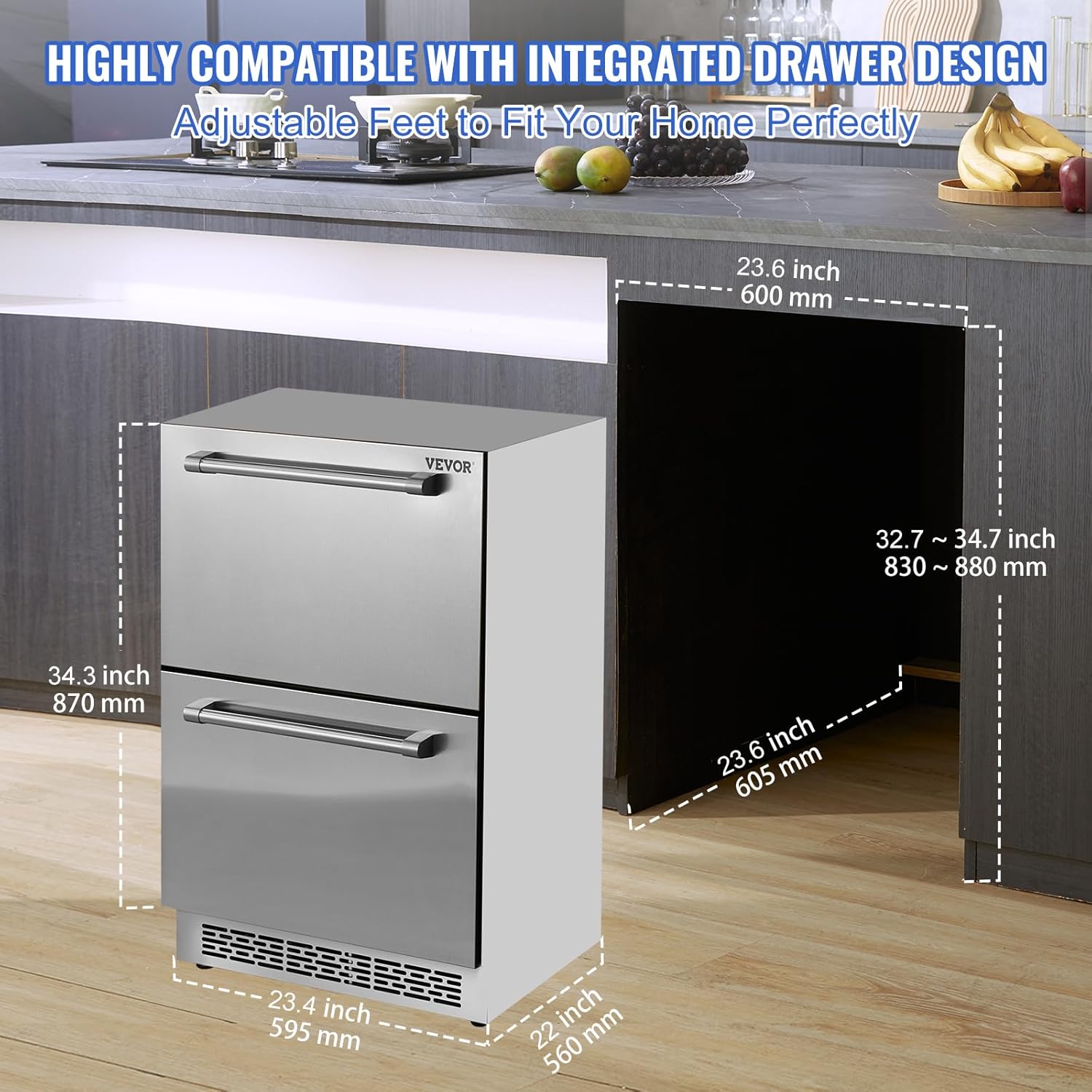 VEVOR 24 inch Undercounter Refrigerator, 2 Drawer Refrigerator with Different Temperature, 4.87 Cu.ft. Capacity