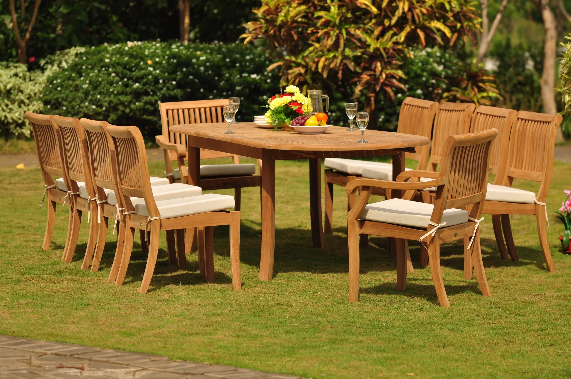 Teak Dining Set: 10 Seater 11 Pc: 94" Oval Table & 2 Stacking Arbor Arm & 8 Armless Chairs Outdoor Patio Grade-A Teak Wood WholesaleTeak #WMDSAB11