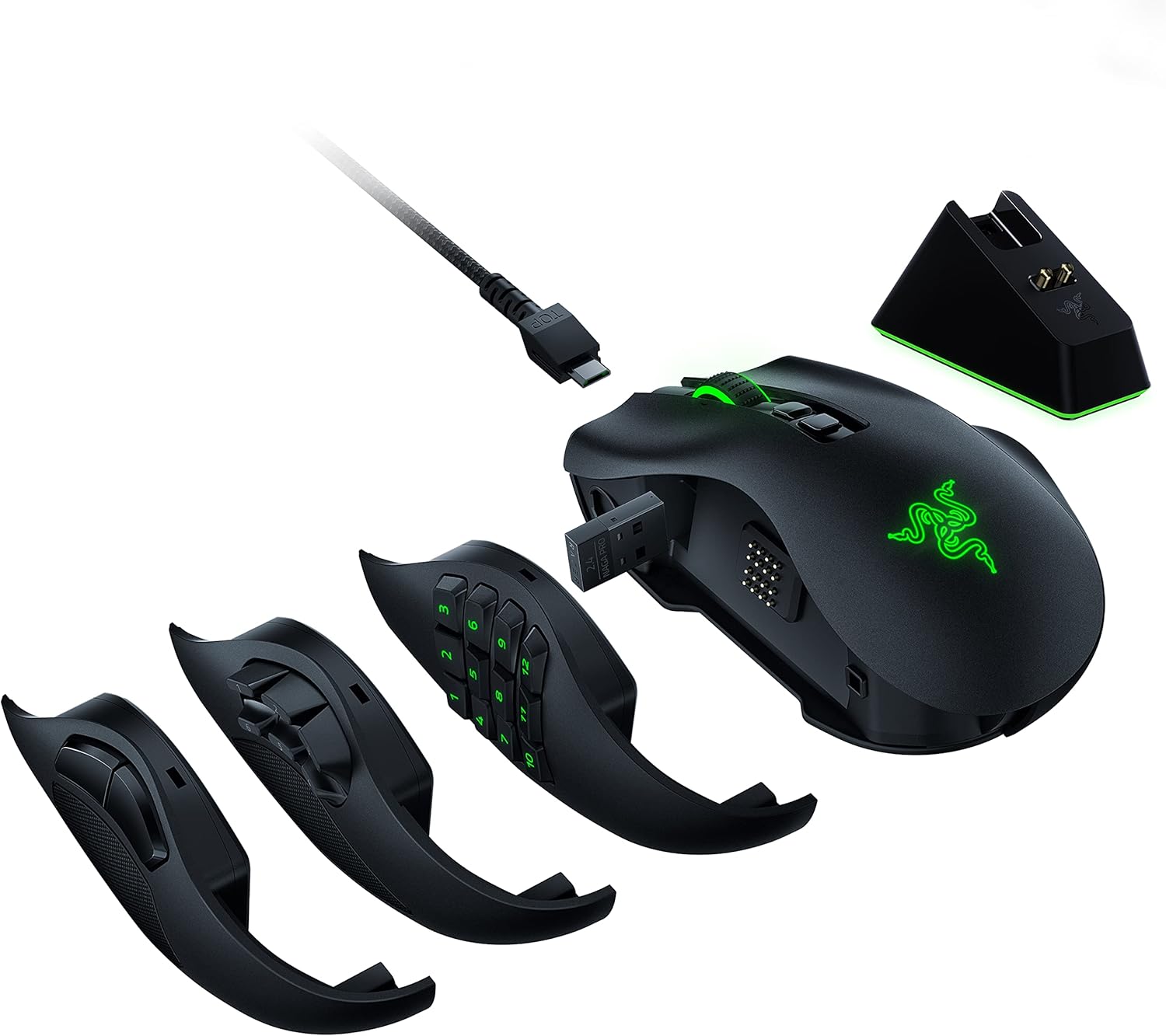 Razer Naga Pro Wireless Gaming Mouse: Interchangeable Side Plate w/ 2, 6, 12 Button Configurations - Focus+ 20K DPI Optical Sensor