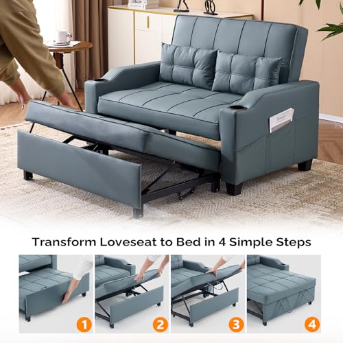 VINGLI Light Green Futon Sofa Bed Convertible Loveseat Sleeper Couch, Faux Leather Pullout Sofa Fold Out Couch Bed with USB Ports, Cup Holders