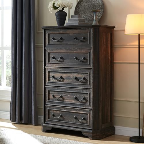 T4TREAM Farmhouse 5 Drawers Dresser for Bedroom, 48" Tall Wood Rustic Chest of Drawers with Natural Texture, Vintage Design
