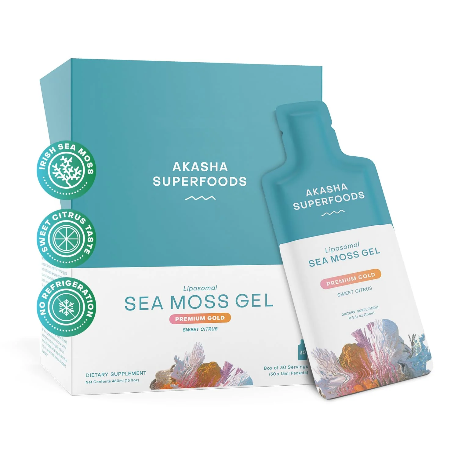 Akasha Superfoods Organic Irish Sea Moss Gel - 30x15ml Sachets I Liposomal Seamoss, On-The-Go Raw Vitamins for Digestion, Immunity