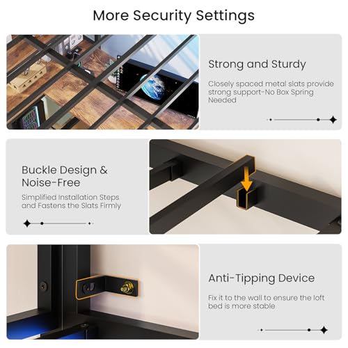 DICTAC Loft Bed Full Size with L-Shaped Desk and Charging Station Full Metal Bed Frame with LED Lights,Open Shelves and 3 Fabric Storage Drawers
