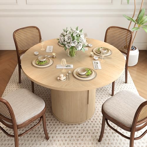 47 inch Round Dining Table for 4, Kitchen Table Dinner Table with 2-Layer Storage Shelf and Wood Slide Door for Home Dining Room Living Room (Walnut)