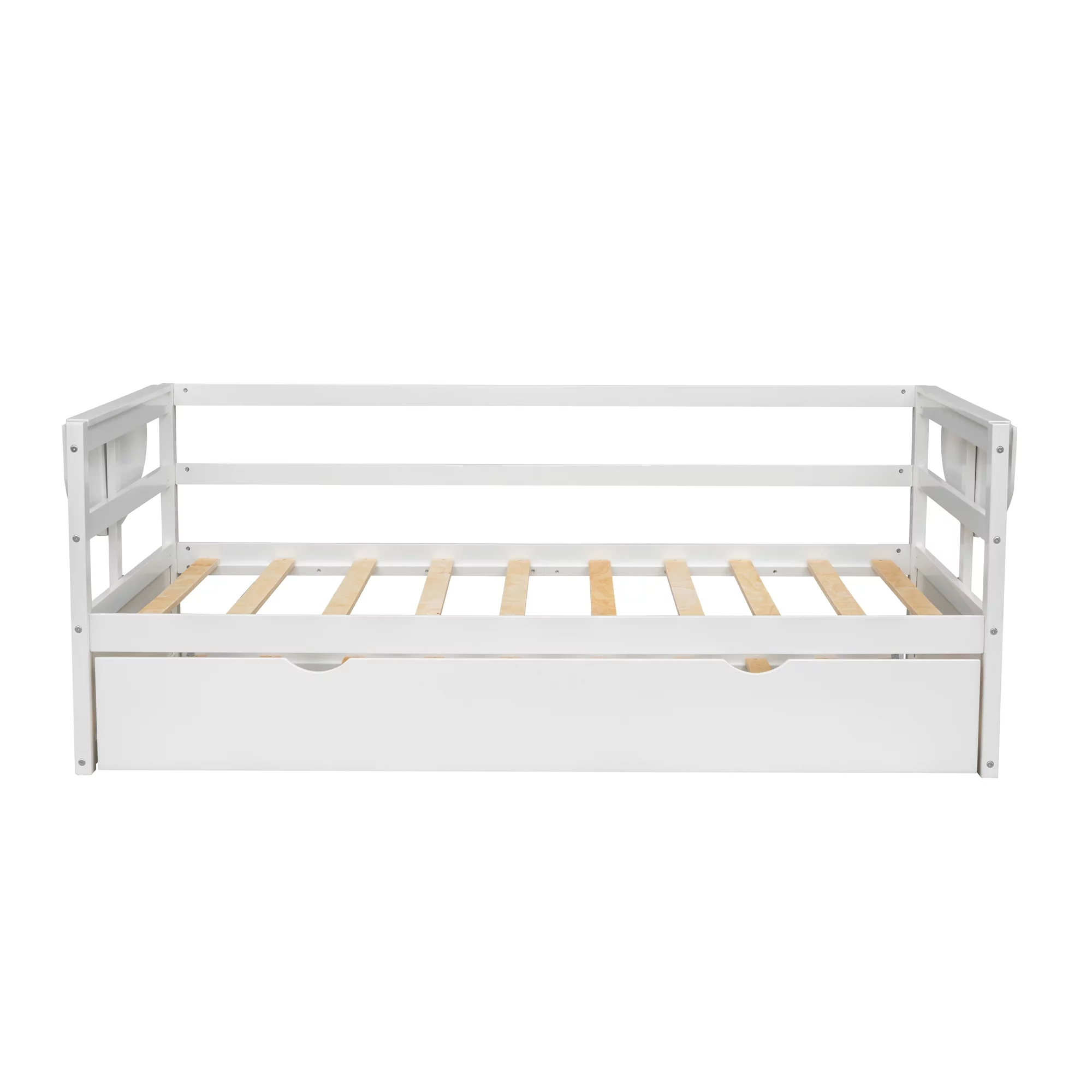 Euroco Pine Wood Twin Size Daybed with Trundle and Foldable Tables, White