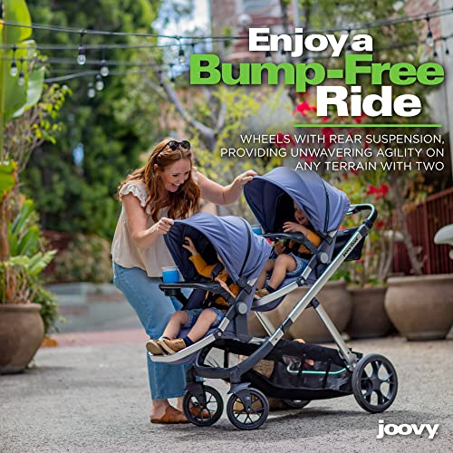 Joovy Qool Double Bundle Double Stroller with Reconfigurable Seats, Magnetic Safety Harness with Padding, UPF 50 Sun Canopy, and Large Storage Basket