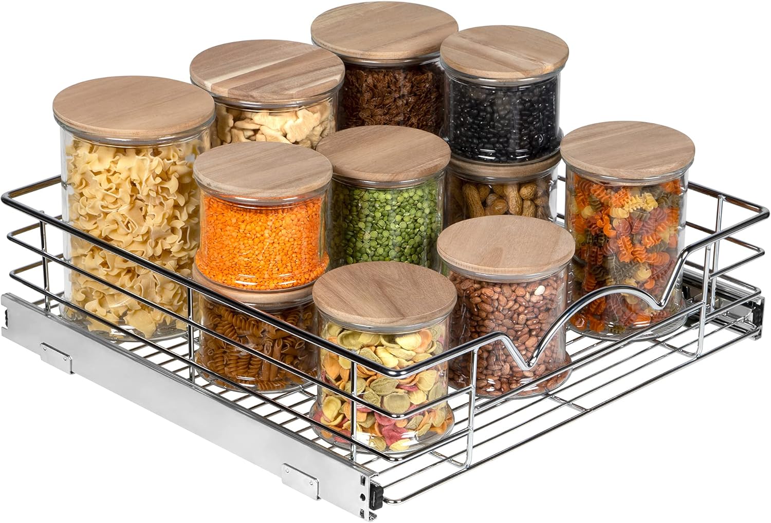 Heavy Duty Pantry Pull Out Cabinet Organizer Basket 5” High –5 Year Limited Warranty- Slide Out Drawer Shelf for Pots, Pans, Cans, jars, Canisters