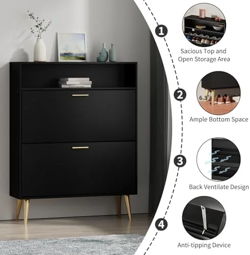 RUNFAYBIU Shoe Cabinet for Entryway Slim  Narrow Shoe Cabinet with 2 Flip Drawers  Black Shoe  Cabinet  Shoe Rack Cabinet for Entryway  Hallway