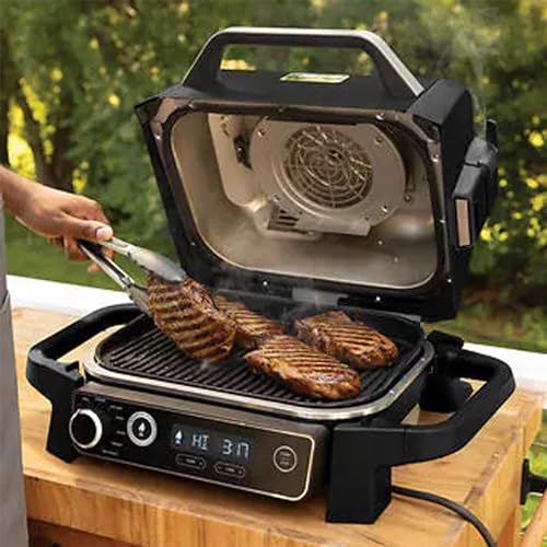 Ninja OG701 Woodfire Outdoor Grill & Smoker 7-in-1 Air Fryer Bake Roast Broil uses Woodfire Pellets(1 Pack Included) Portable, Electric, Grey(Renewed)