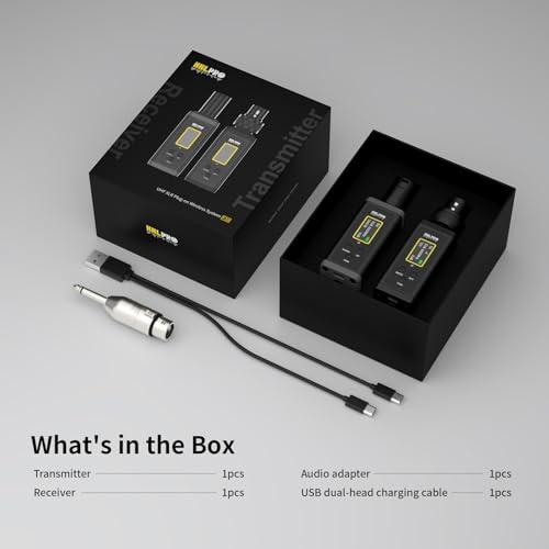 UHF Wireless XLR Transmitter and Receiver with Dual Antennas, 470ft Range, Auto Channel Scanning, Plug-on Wireless Mic Adapter for Audio Mixer