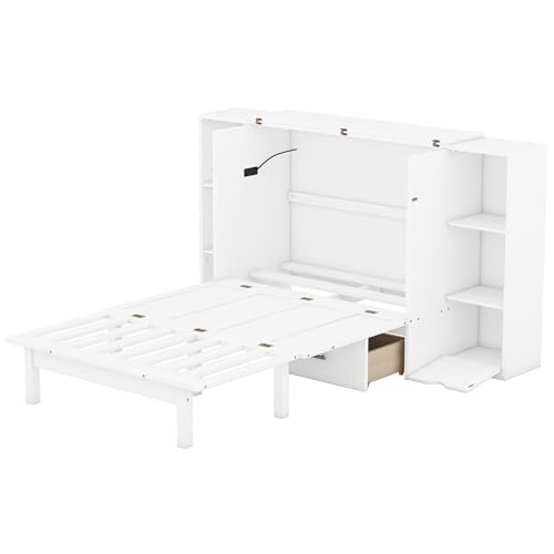 Queen Size Solid Pine Murphy Bed Chest,Cabinet Hideaway Bed with Charging Station and Large Storage Drawer,Wood Wall Bed can be Folded