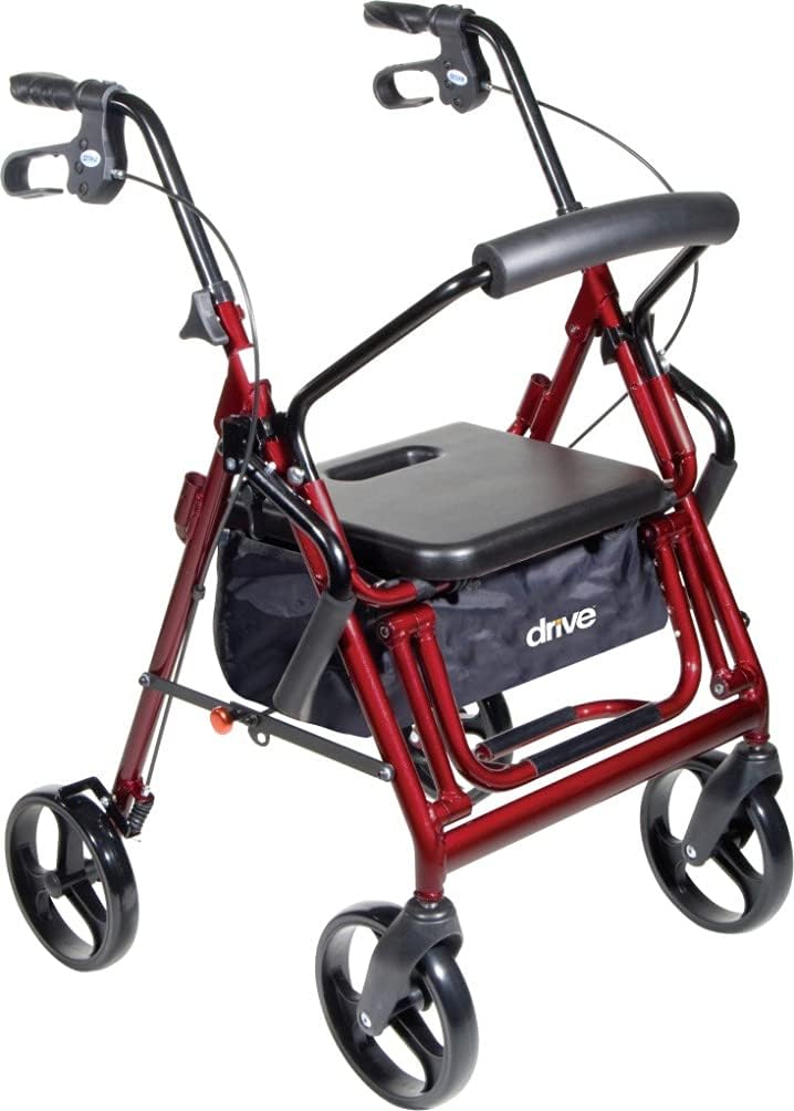 Drive Medical 795BU Duet Dual Function Transport Wheelchair Rollator Rolling Walker, Burgundy, Comfortable Padded Seat