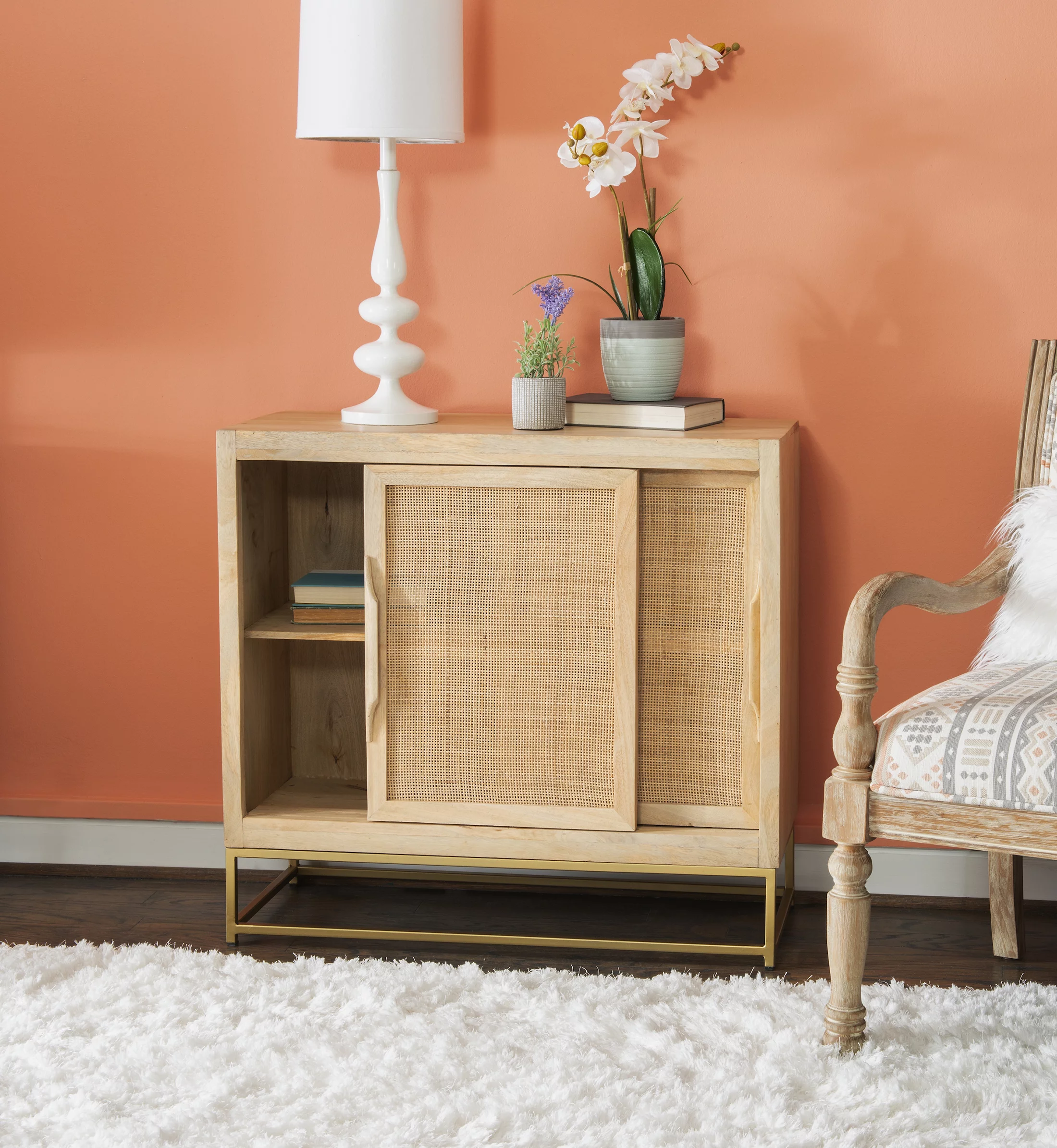 Blair Rattan Sliding Doors Cabinet with Shelves, Natural and Gold