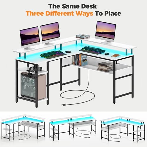 Rolanstar Computer Desk 56.7" with LED Lights and Power Outlets, Carbon Fiber Surface, Reversible L Shaped Gaming Desk with Monitor Stand