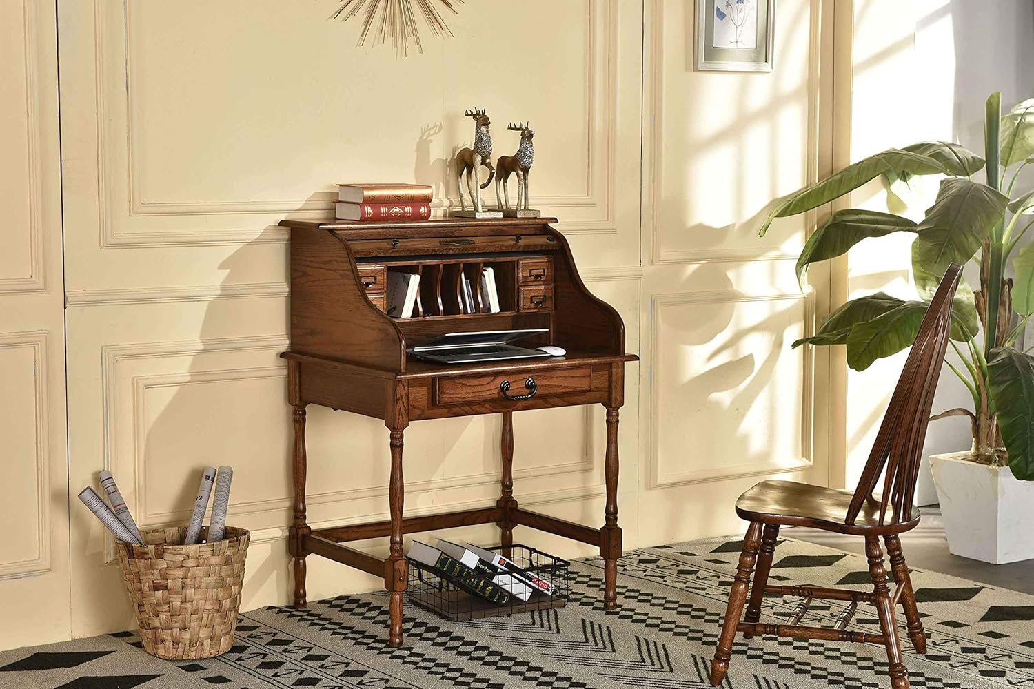 Mini Roll Top Desk Solid Oak Wood 32x 24x 44 Small Writing or Laptop Desk Burnished Walnut Finish Small Desk For Home Office, Kitchen, Bedroom