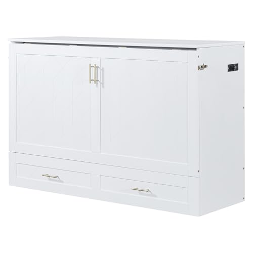 Harper & Bright Designs Queen Size Murphy Wall Bed, Chest Cube Cabinet With USB, Charging Station and Large Storage Drawer for Home Office