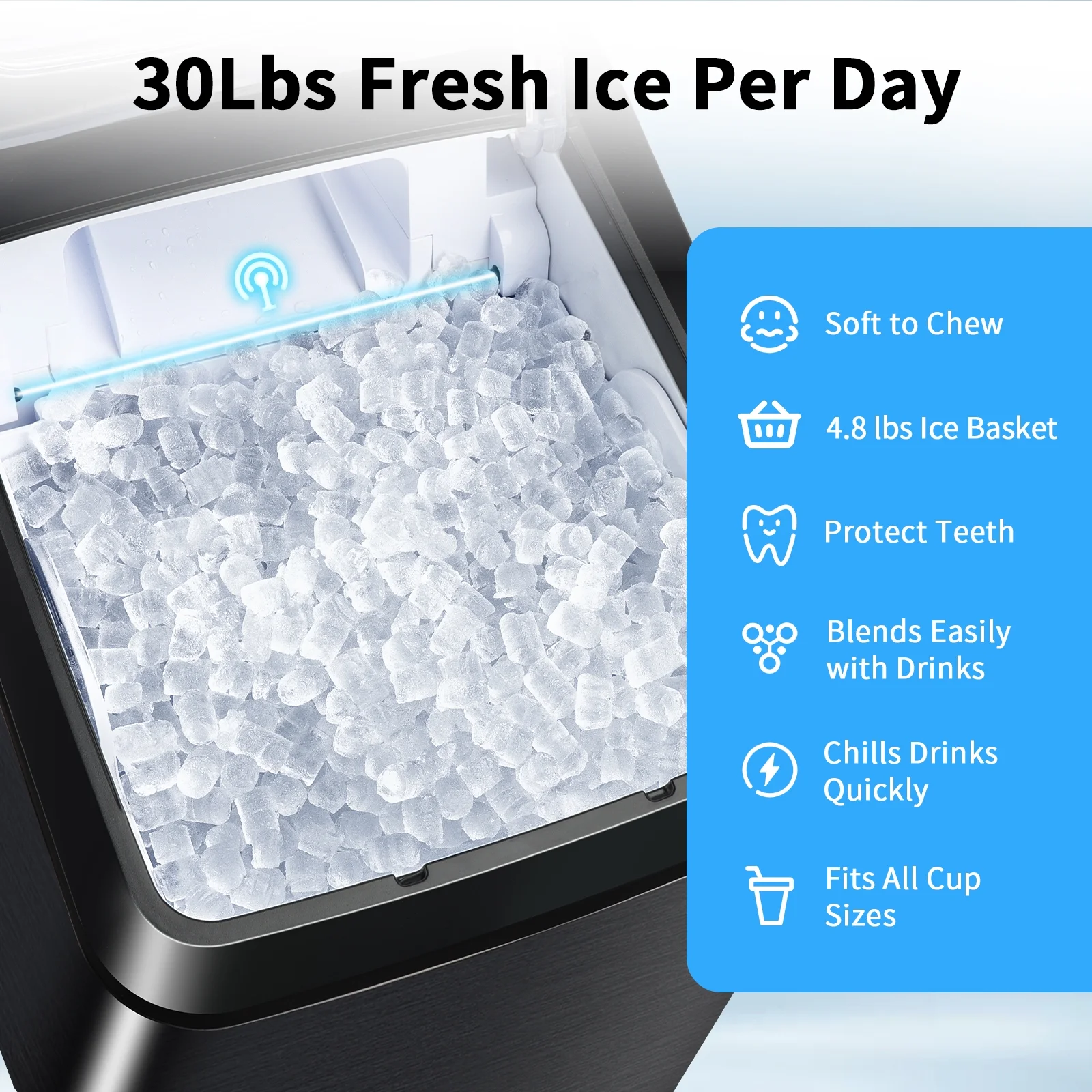 Ice Makers Countertop, Nugget Ice Maker Countertop, 30Lbs Per Day, Portable Pebble Ice Machine, Self-Cleaning