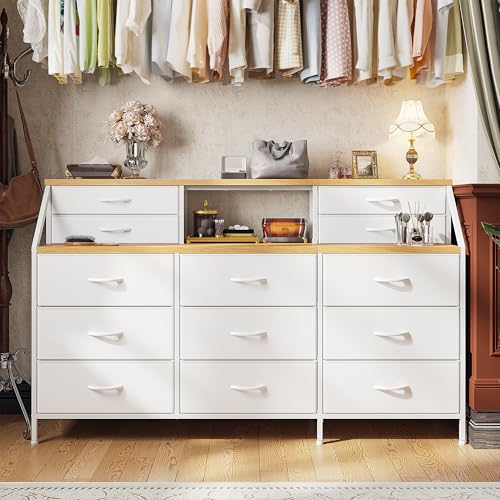 55" W Dresser for Bedroom, Dressers & Chests of Drawers with 13 Fabric Drawers and 2 Open Shelves, Long Vanity Dressers for Bedroom & Closet