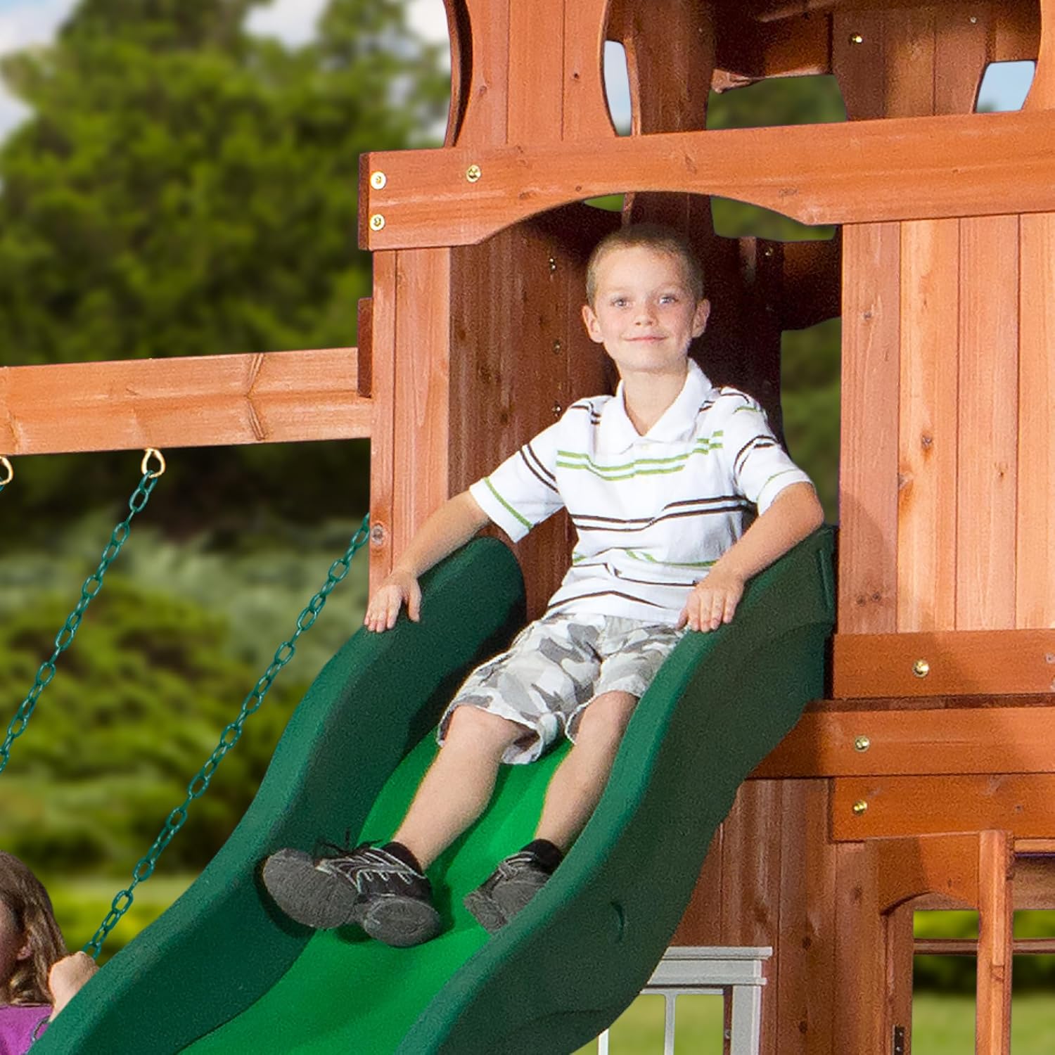 Backyard Discovery Shenandoah All Cedar Wooden Playset Swing Set with 2 Belt Swings, Trapeze Bar, 10 ft Wave Slide, Covered Upper and Lower Playhouse