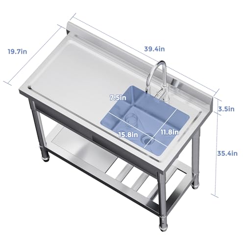 Utility Freestanding Kitchen Sink with Hot and Cold Water Pipe,Drawer, Stainless Steel Sink for Laundry Room Bathroom Farmhouse,39inch