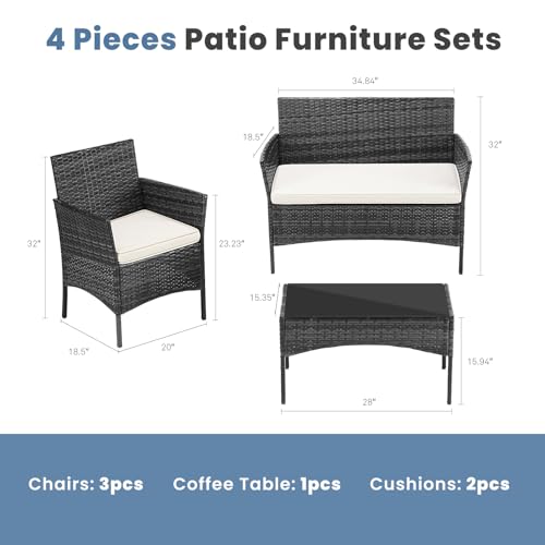 DUMOS Patio Furniture Set 4 Pieces, Outdoor Wicker Furniture with Coffee Table, Modern Rattan Patio Chairs Conversation Sets with Sofa for Garden