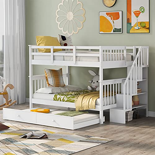 Harper & Bright Designs Twin Over Twin Bunk Bed with Stairs and Trundle, Solid Wood Stairway Bunk Bed Frame with Storage