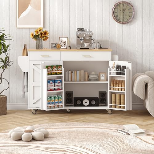 51.8" Kitchen Island Cart with Trash Can Storage, Kitchen Island on Wheels with Power Outlet & Drop Leaf