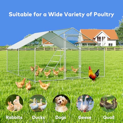 Large Metal Chicken Coop Walk-in Poultry Cage with Waterproof and UV-Resistant Cover, Outdoor Chicken Run Poultry Hen House for Backyard Farm Use