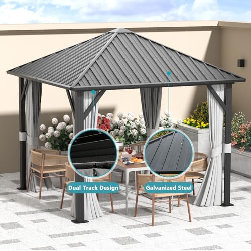 Aoxun 10' X 12' Hardtop Gazebo, Aluminum Metal Outdoor Gazebo with Galvanized Steel Double Roof