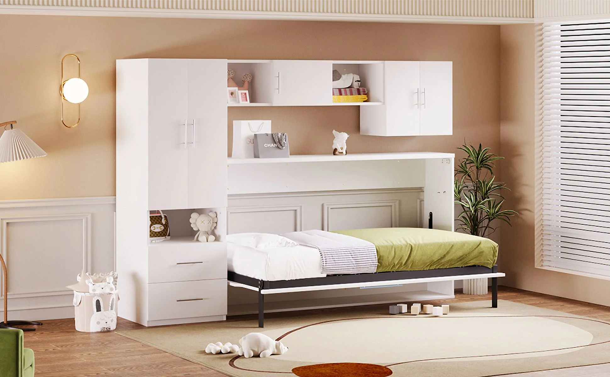 CoSoTower Twin Size Murphy Bed with Open Shelves and Storage Drawers,Built-In Wardrobe and Table, White