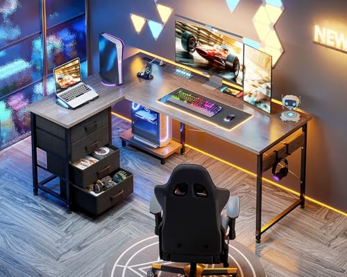 AODK L Shaped Gaming Desk with 4 Drawers, 61" Reversible Home Office Desks with Power Outlets