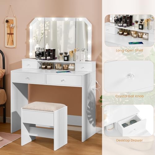 Quimoo Vanity Desk Set with LED Tri-Fold Lighted Mirror & Power Outlet, Makeup Vanity Table with 4 Drawers, Cushioned Stool, for Bedroom, Bathroom