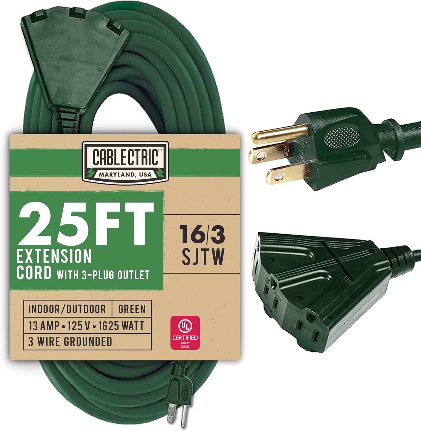 Cablectric 50 Ft Outdoor Extension Cord with 3 Power Outlets