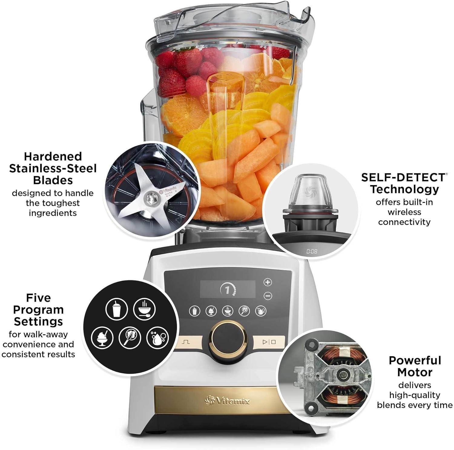 Vitamix A3500 Ascent Series Gold Label Smart Blender, Professional-Grade, 64 oz. Low-Profile Container, White with Gold Accents