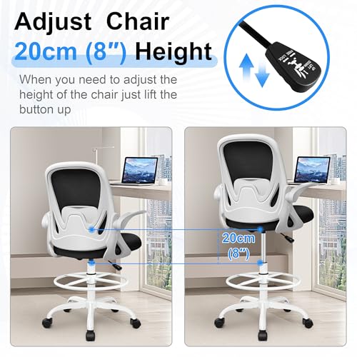 Primy Drafting Chair Tall Office Chair with Flip-up Armrests Executive Ergonomic Computer Standing Desk Chair with Lumbar Support and Adjustable