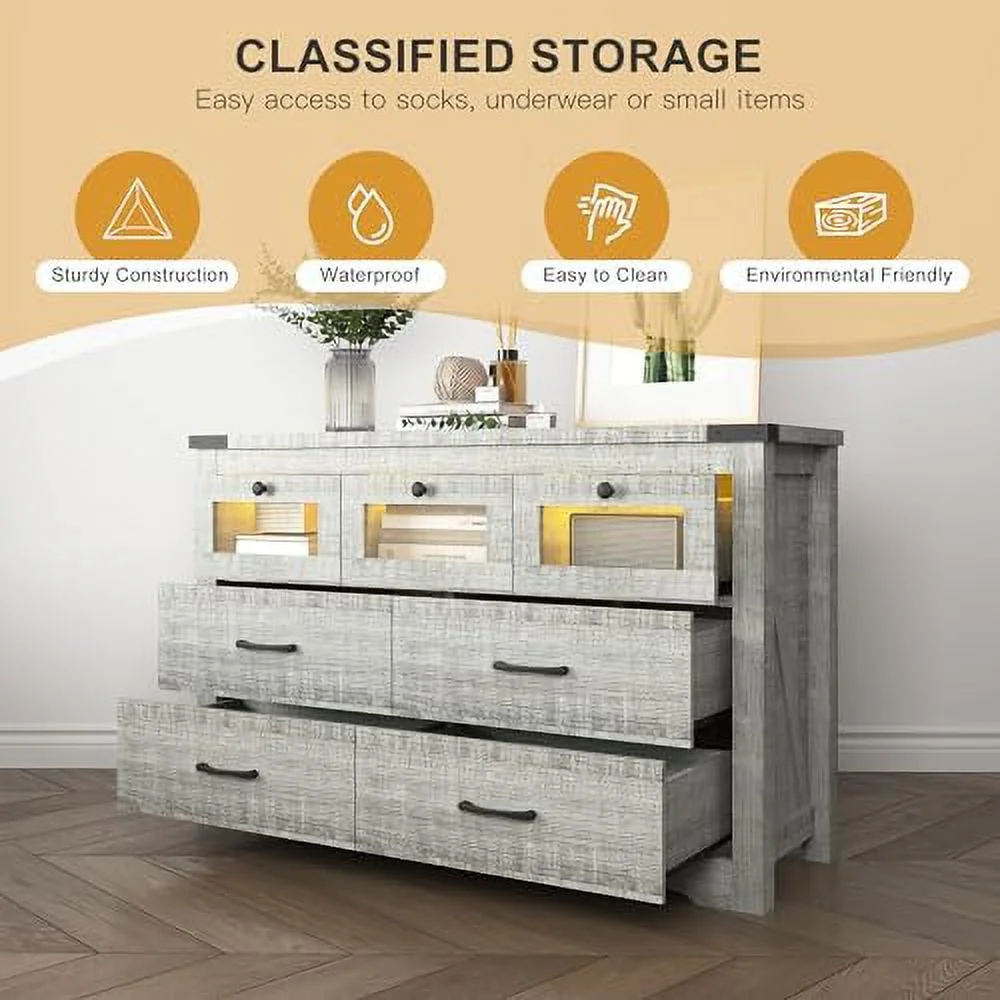 Grey Farmhouse Dresser for Bedroom 7 Drawer Dresser with LED Light  Wood  Dresser Chest of Drawers Wide TV Stand Dresser for Bedroom